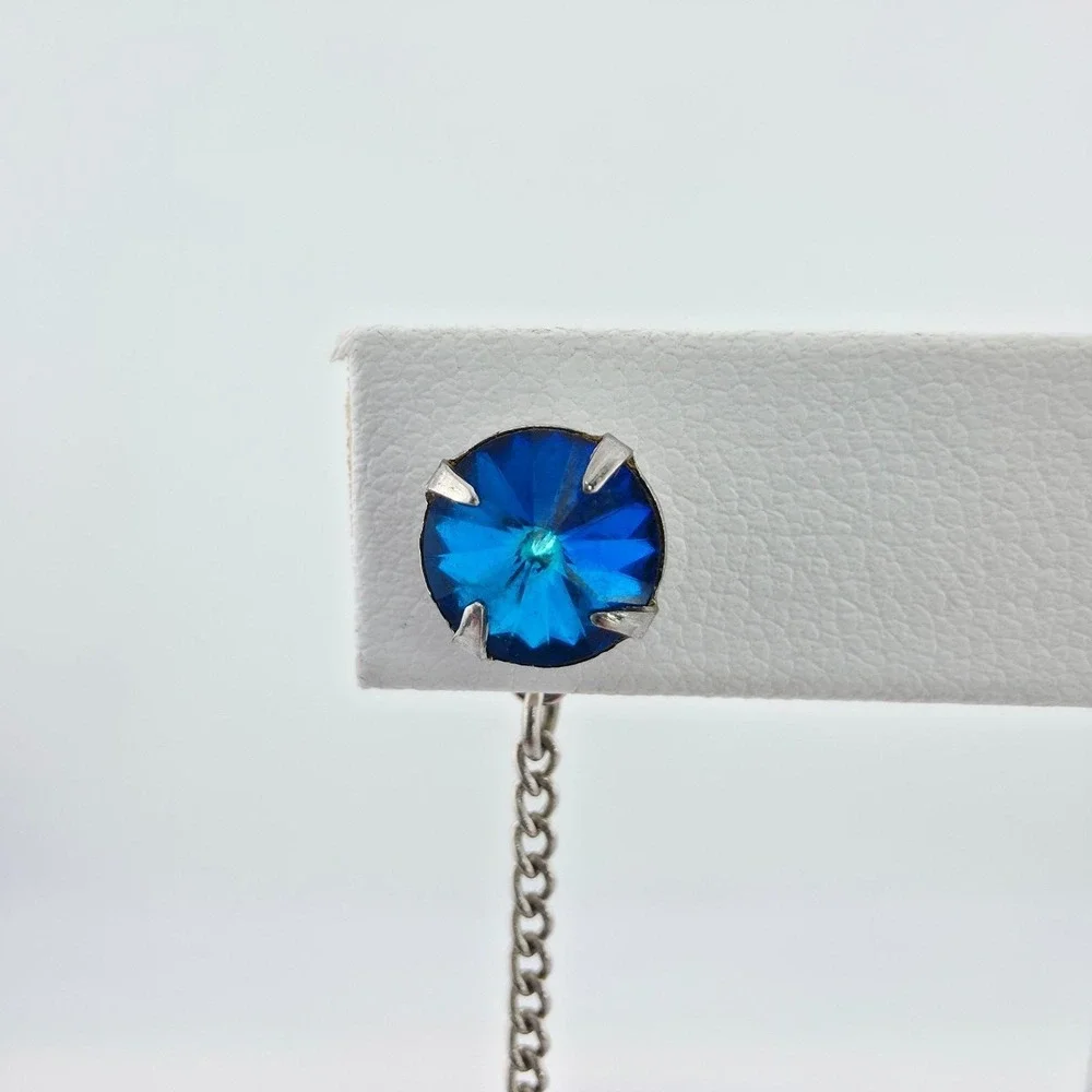 Vtg 1970's Tie Tack Pin Blue Crystal Rivoli Cut Buttonhole Barbell Silver Tone